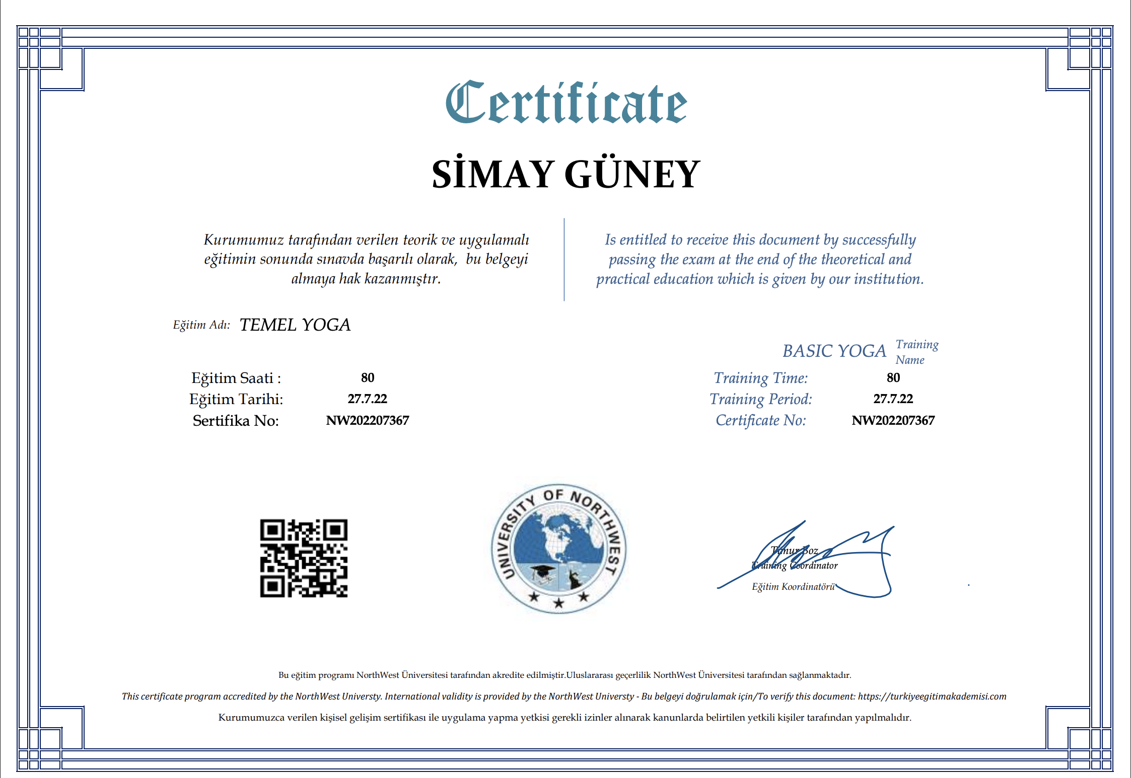 Yoga Eğitmenlik Sertifikası
